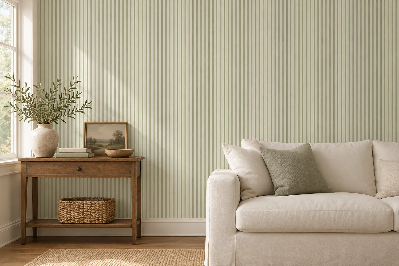 A room with a softly striped statement wall